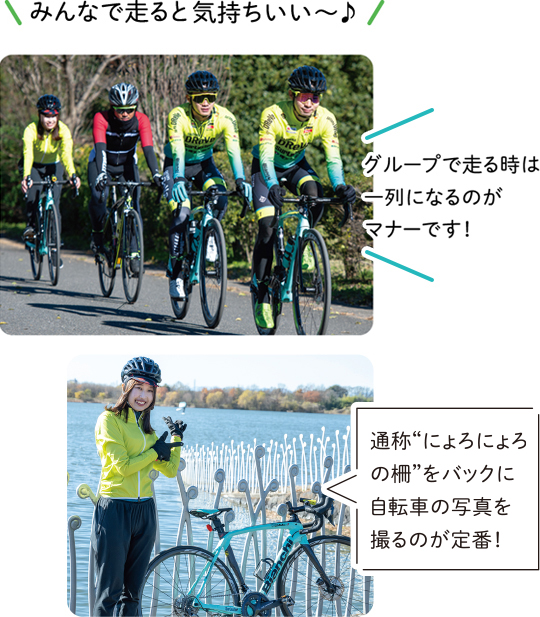 みんなで走ると気持ちいい～♪/グループで走る時は一列になるのがマナーです！/にろにょろの柵をバックに自転車の写真を撮るが定番！