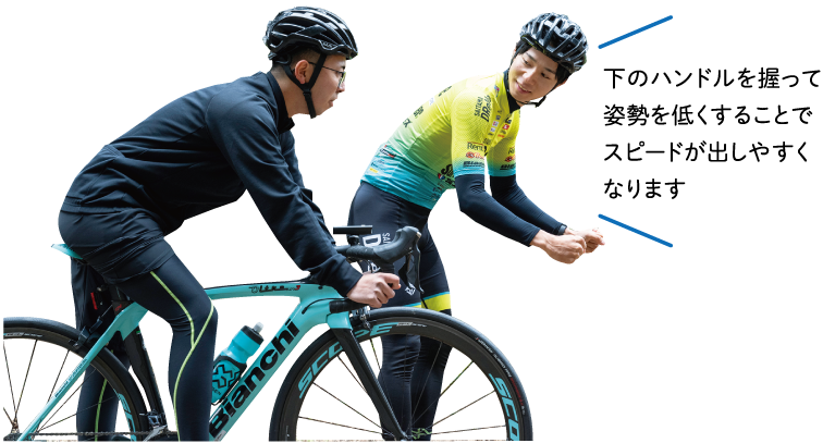 下のハンドルを握って姿勢を低くすることでスピードが出しやすくなります